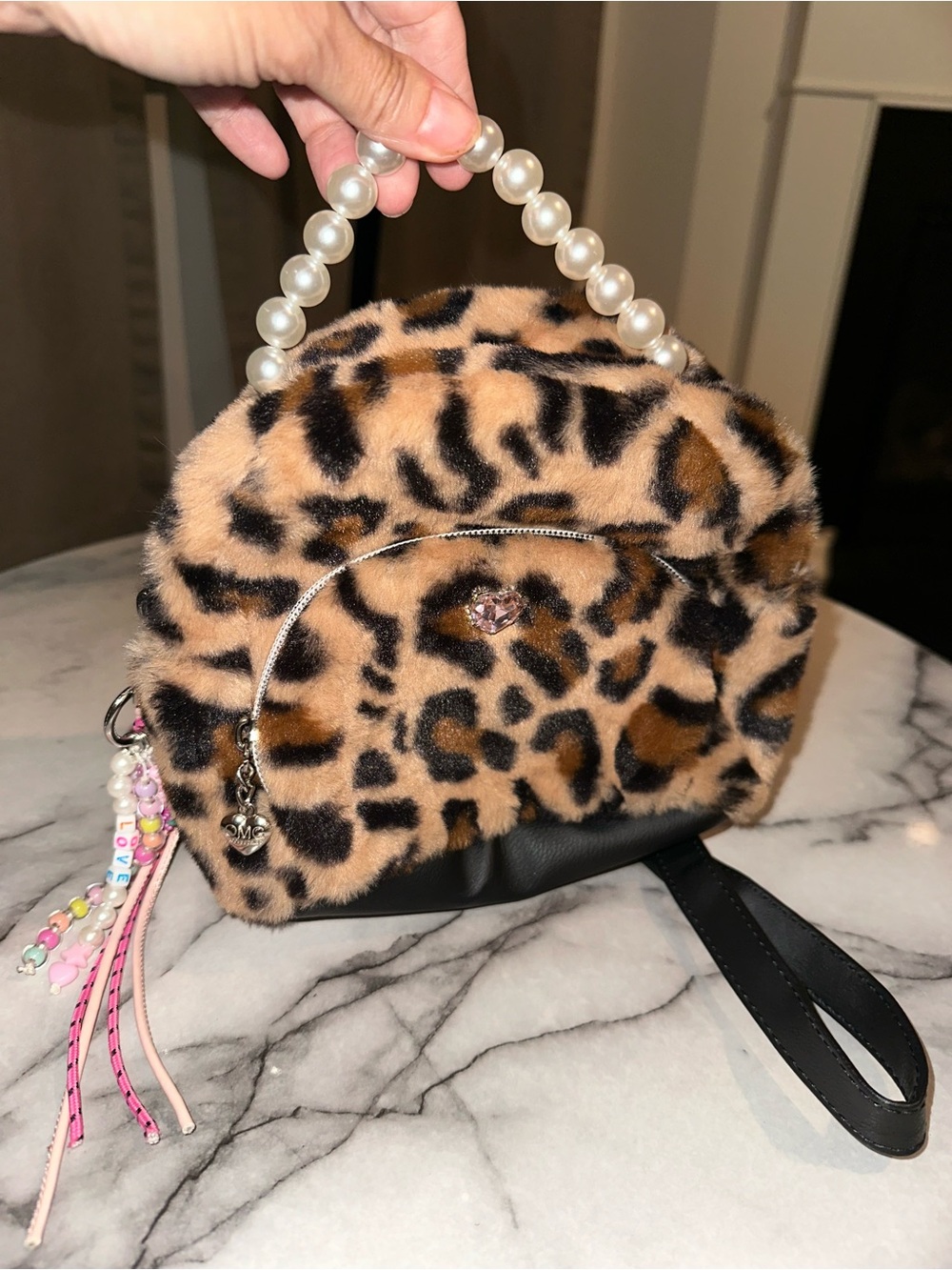 Leopard Faux-Fur Pearl-Handle Kids Bag with book bag straps